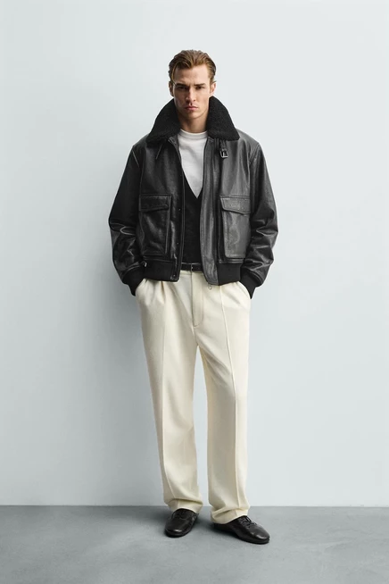 Мужская кожаная куртка ZARA, черная