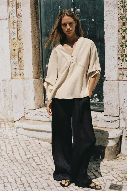 Женская рубашка Zara оверсайз из льна, светло-бежевая