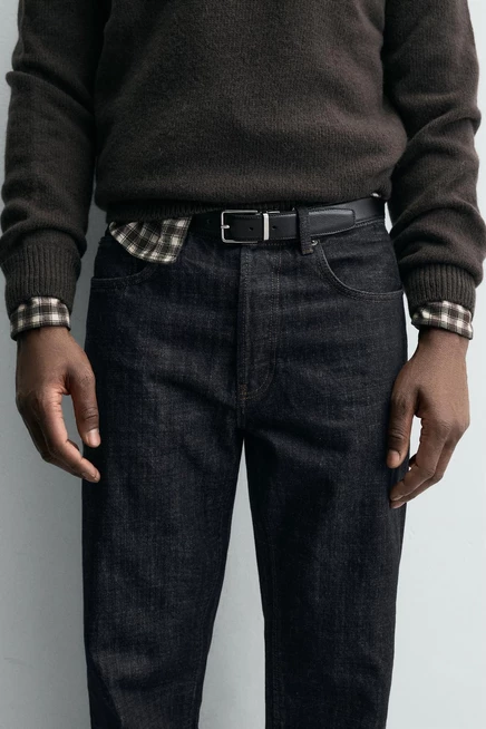 Мужской кожаный двусторонний ремень ZARA 3 см, черный