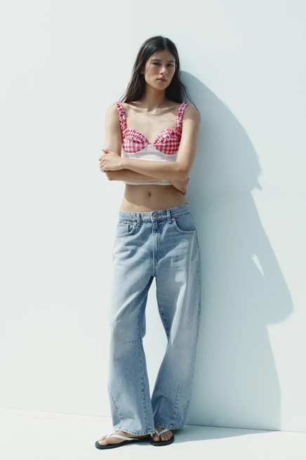 Женский корсетный топ ZARA в клетку виши, слоновая кость