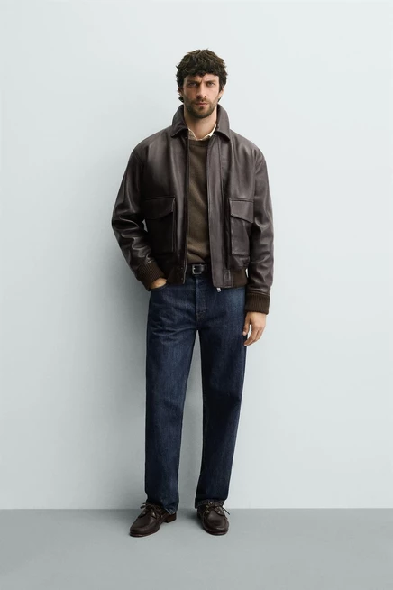 Мужская кожаная куртка ZARA свободного кроя, коричневая
