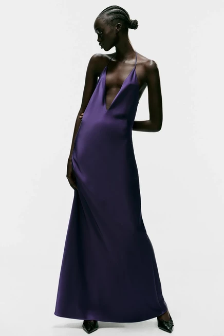 Женское атласное платье Zara макси, фиолетовое
