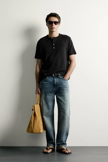 Мужская футболка ZARA Henley Regular Fit, черная