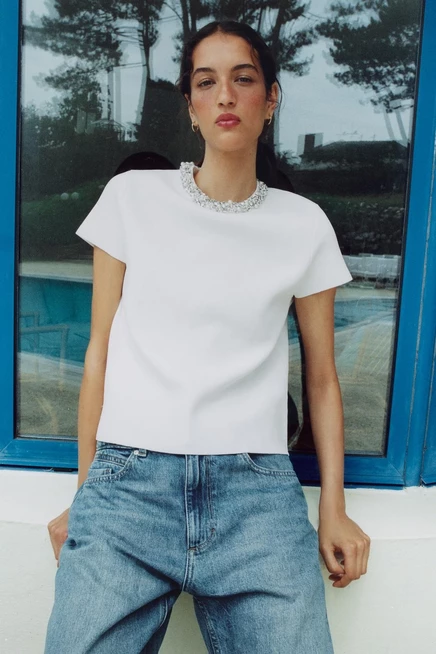 Женский трикотажный топ ZARA, с бусинами, белый