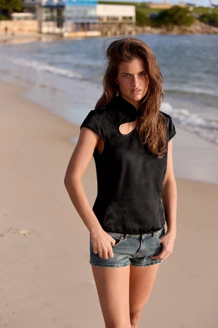 Женский топ ZARA Satin Toggle Piping, черный