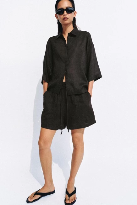 Женская рубашка Zara Oversized Ramie Blend, коричневая