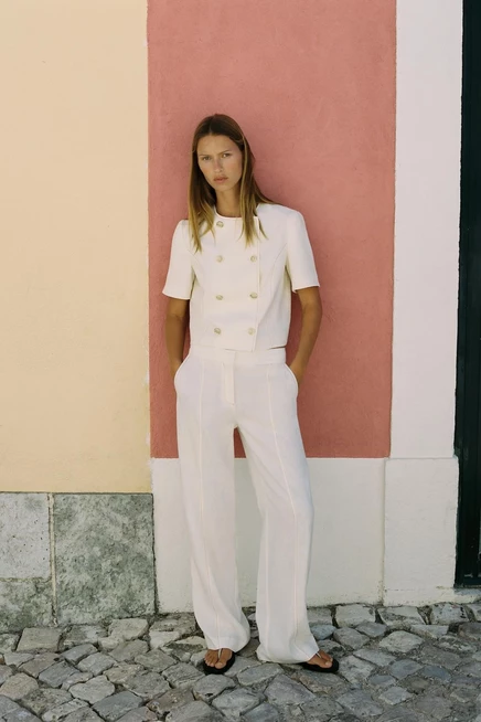 ПРЯМЫЕ ЛЬНЯНЫЕ БРЮКИ ZARA С КОНТРАСТНОЙ СТРОЧКОЙ ecru