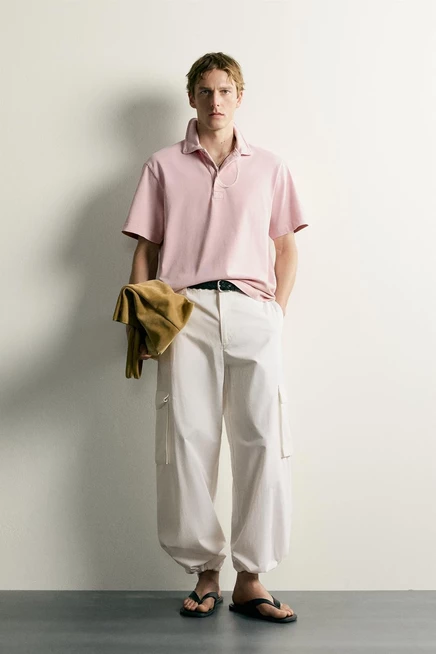 Мужское поло Zara Regular Fit, текстурное, розово-белое