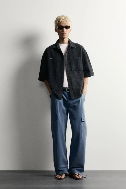 Мужская рубашка ZARA Boxy Fit с вышивкой, темно-синяя