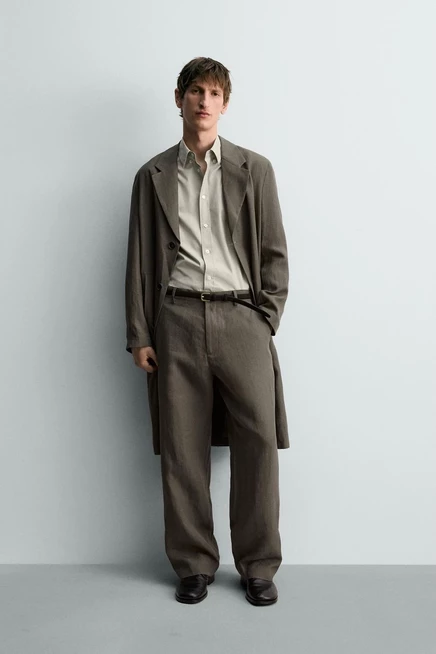 Мужские прямые брюки Zara 100% лен, серо-зеленые