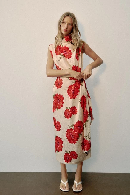 Женское платье ZARA Floral Print Midi, экрю и красное