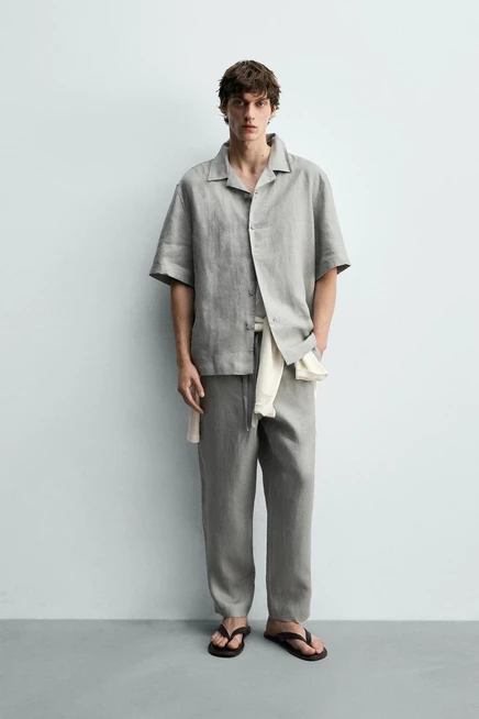 Мужские брюки Zara relaxed fit из 100% льна, светло-серые