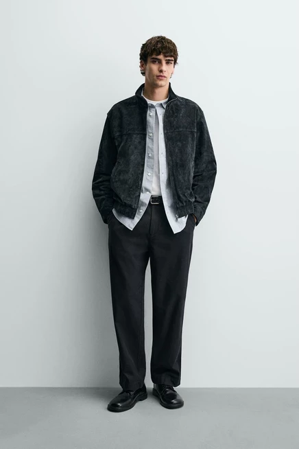 Мужская кожаная куртка ZARA с замшевой отделкой, темно-синяя
