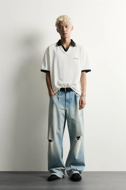 Мужское поло Zara Relaxed Fit с вышивкой, молочное