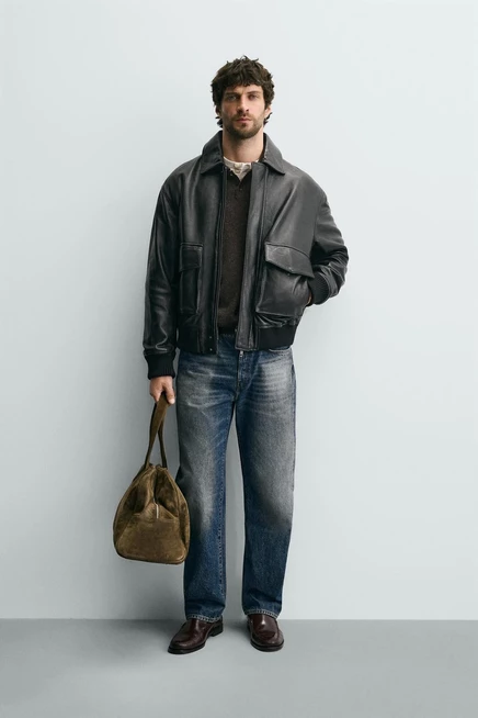 Мужская кожаная куртка ZARA свободного кроя, черная
