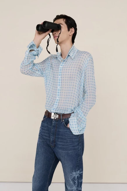 Мужская рубашка ZARA из 100% шерсти в клетку, голубая