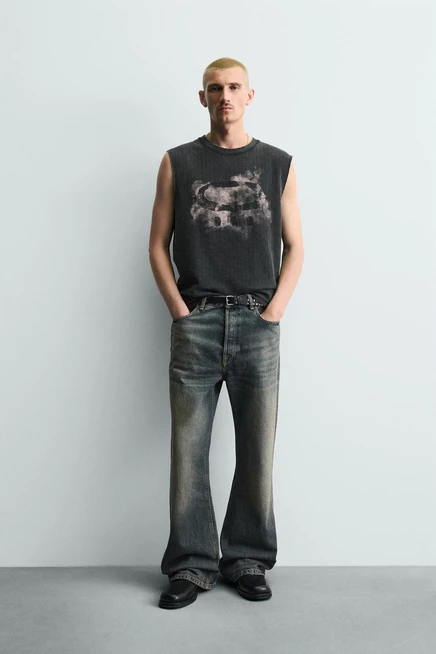 Мужская майка ZARA с принтом вязаная, черная