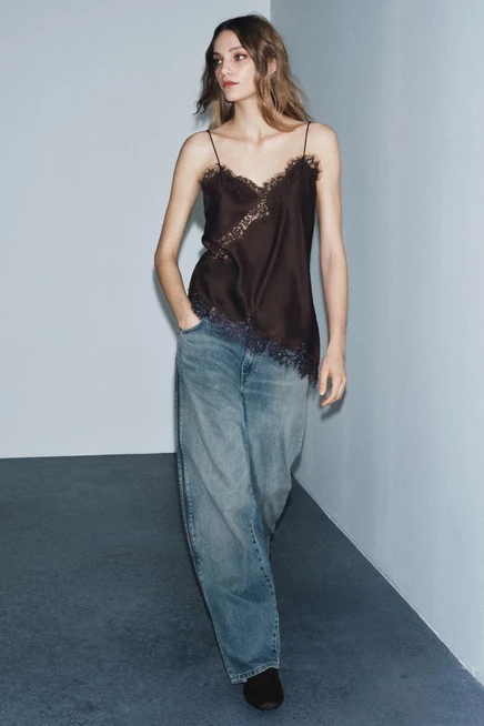 Женская камисоль ZARA ZW Collection с кружевом, коричневая