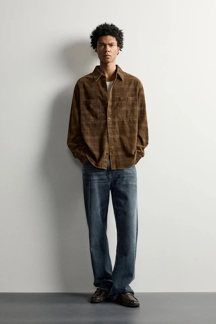 Мужская рубашка Zara из вельвета в клетку, коричневая