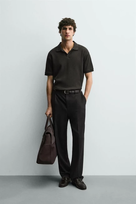 Мужское поло ZARA вертикально фактурное, темно-коричневое