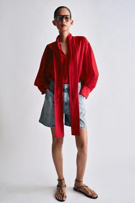 Женская атласная рубашка ZARA с завязками, красная