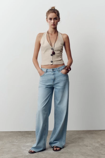 Женский льняной топ ZARA с воротником-халтер, песочный