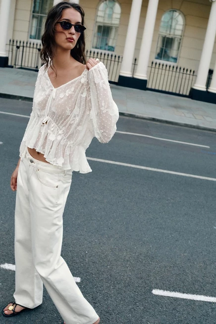 Женская блузка ZARA из сетки с вышивкой, белая