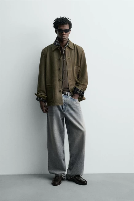 Мужская кожаная куртка ZARA с эффектом замши, серо-зеленая