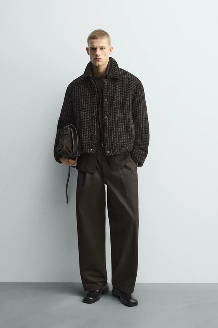 Мужская велюровая куртка Zara в клетку, черно-коричневая