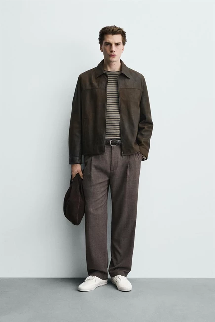 Мужская кожаная куртка Zara винтажная, темно-коричневая