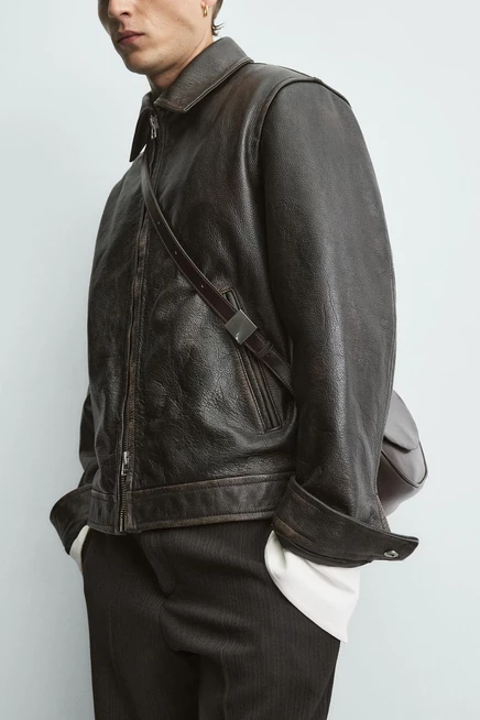Мужская кожаная сумка через плечо ZARA, коричневая