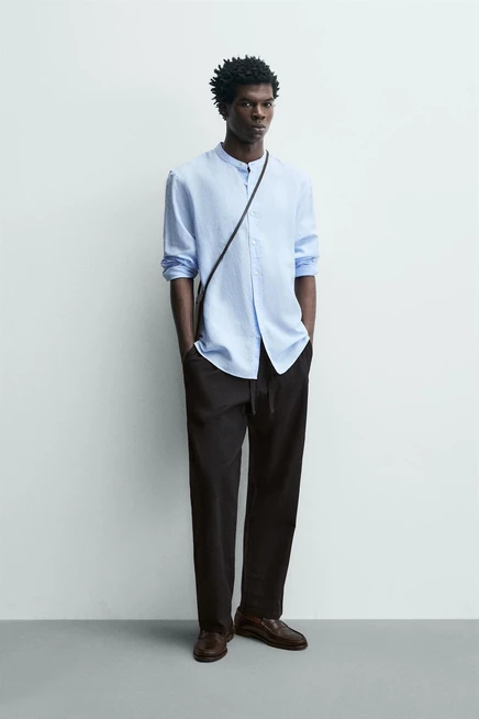 Мужская льняно-хлопковая рубашка ZARA, небесно-голубая