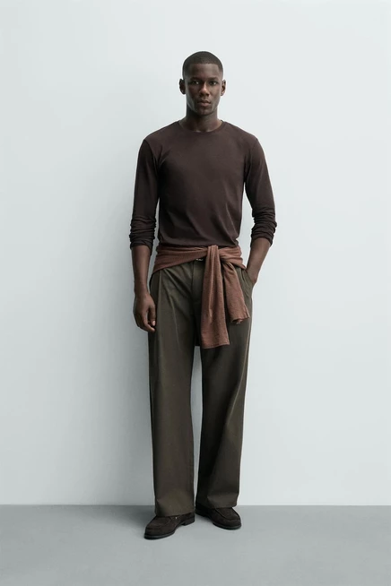 Мужская футболка ZARA Basic с длинным рукавом, коричневая