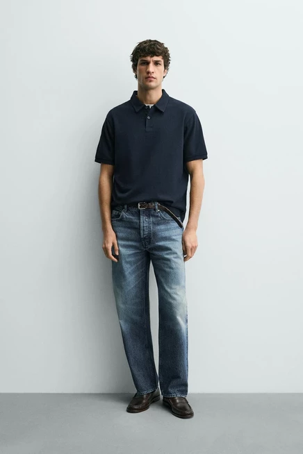 Мужское поло ZARA Regular Fit, фактурное, темно-синее