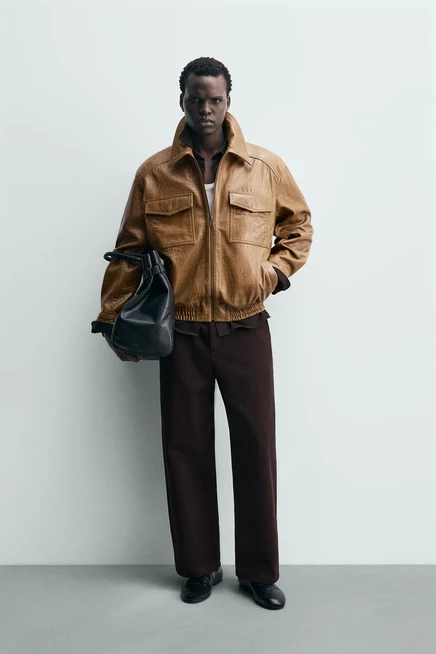 Мужская кожаная куртка ZARA Leather Pocket, тауп