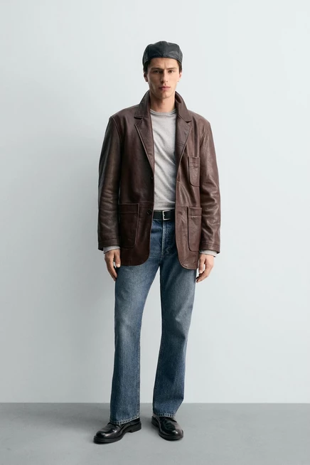 Мужской кожаный пиджак ZARA Limited Edition, бренди