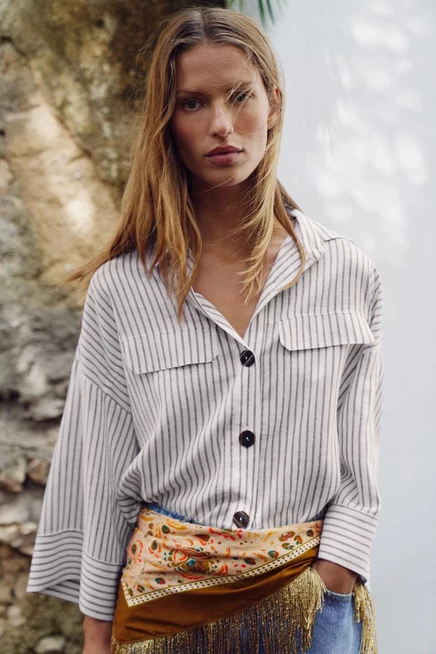 Женская рубашка Zara в полоску, коричнево-белая